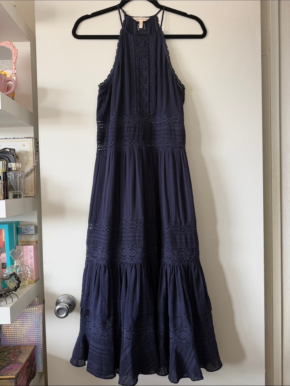Rebecca Taylor|Classic Navy Halter Embroidered Boho Maxi Dress|Size 4|EUC